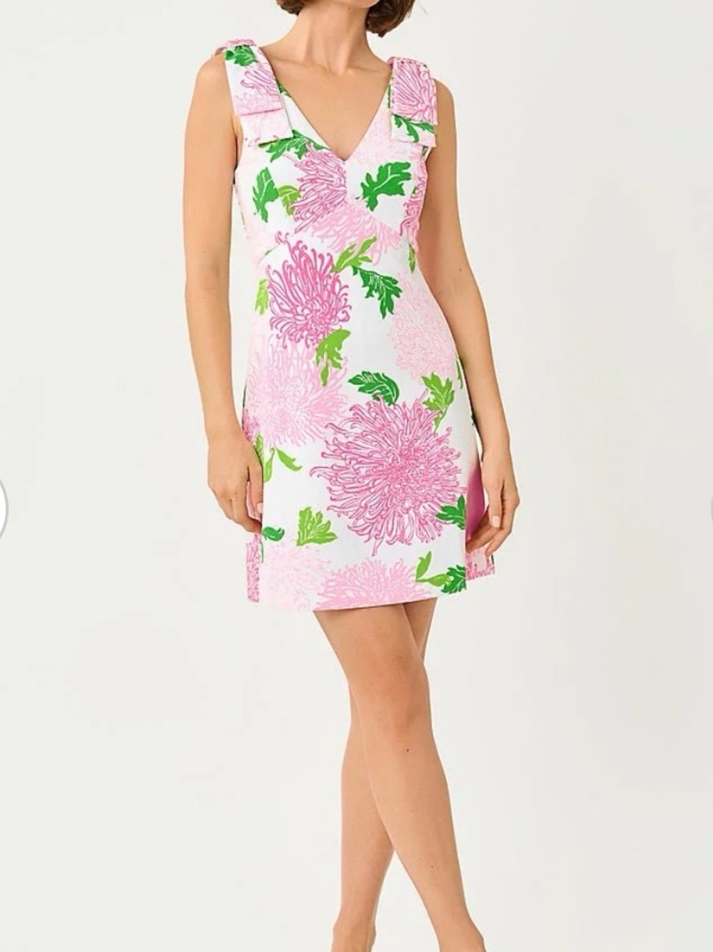 Lilly Pulitzer Pink Floral V-Neck Mini Dress with Green Accents